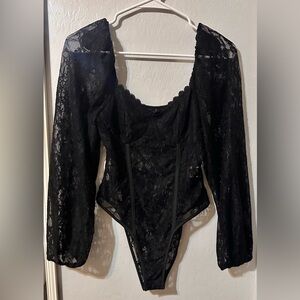 SHEIN Black Lace Long Sleeve Bodysuit